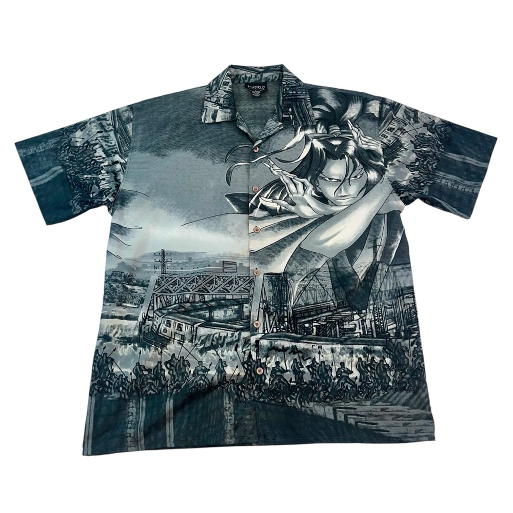 Vtg R-WORLD Japanese Samurai Anime AOP All Over Graphic Button Up Shirt Sz LG